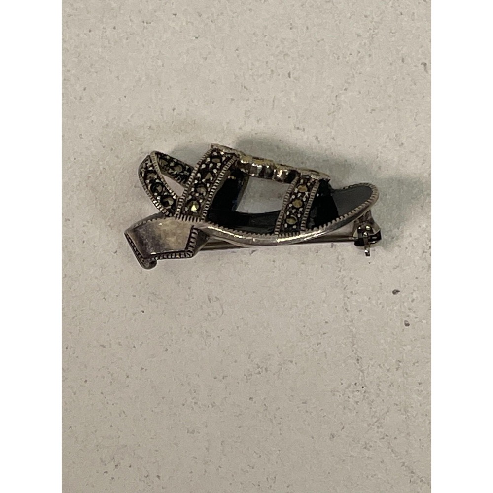 Vintage Sandal Brooch Sterling Silver Marcasite Gray Enamel Shoe Beach Pin